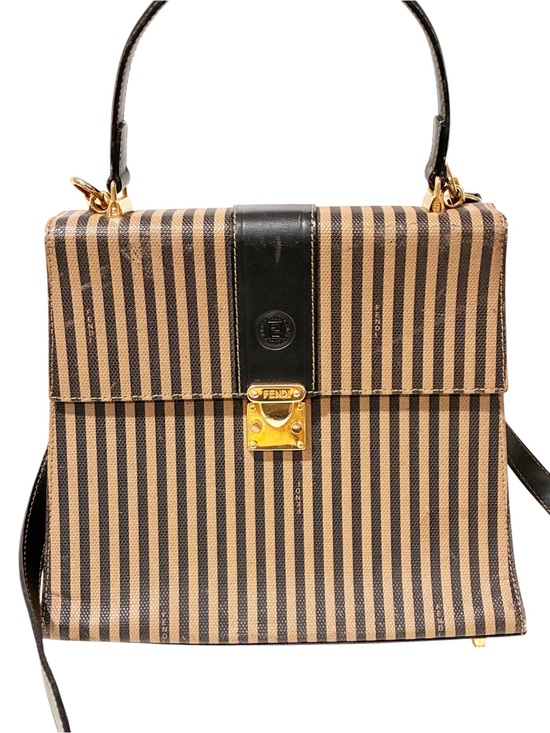 Fendi Handbags - Fendi Pequin Vintage Top Handle Black Brown Striped Crossbody Bag